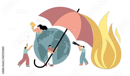 Protection of the planet Earth from fires, fire. Combating global warming. Natural disaster insurance. Vector illustration isolated on white background