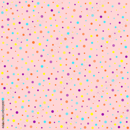 Seamless pattern with bright color dots on pink background, abstract colorful flying in the air confetti