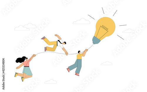 Teamwork. A group of people are flying on a light bulb. Implementation of the idea. Achievements of goals. Vector illustration isolated on white background