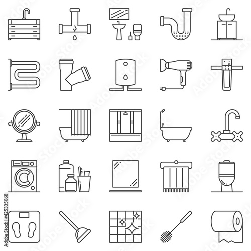 Bathroom outline icons set - vector washroom line symbols