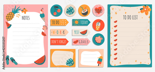 Collection of weekly planner and to do list with summer hand drawn vector objects.Set of colorful stickers for notebook.Elements for agenda, check lists, planner, organiser, book and other stationery.