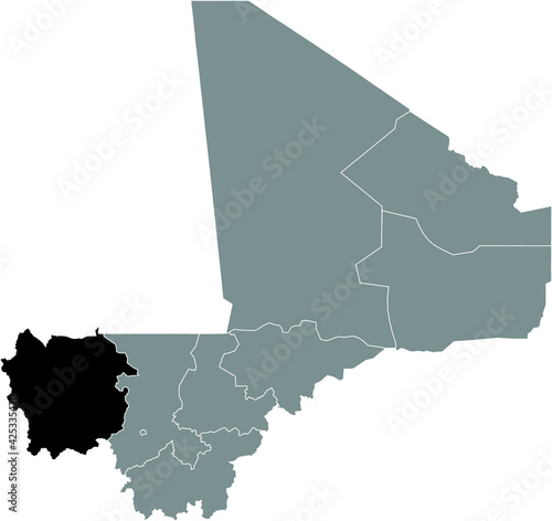 Black highlighted location map of the Malian Kayes region inside gray map of the Republic of Mali