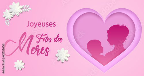 carte ou bandeau sur joyeuse fête des mères en rose foncé avec à coté un coeur mauve et dedans une femme et un enfant sur un fond rose avec des fleurs blanches