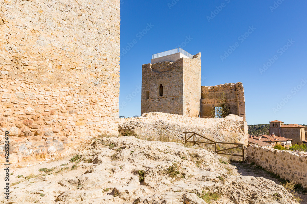 the castle tower and a view over Calatanazor, province of Soria, Castile and Leon, Spain