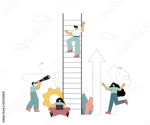 A man climbs up the stairs. Way to success. Career growth. Search for ideas