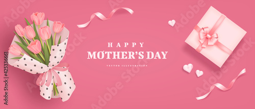 Mother's day poster or banner with sweet hearts, bouquet of tulips and pink gift box on pink background