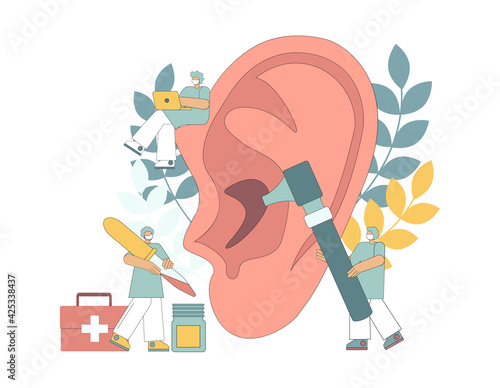 Otolaryngology concept. Ear treatment. Small people examine the ear with medical instruments. Deafness treatment. Hearing problems. Hearing diagnostics.