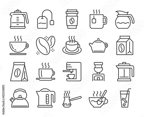 Set of Coffee and Tea Line Icons. Vector Illustration. Editable Stroke, 64x64 Pixel Perfect.