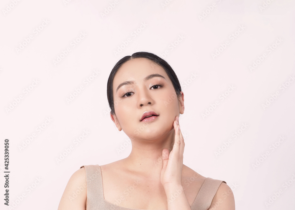 Beauty skin. makeup concept. Young pretty woman black hair and beauty face make up for skincare cosmetic. Showing delicate soft and firm and ageless facial skin. Oil type skin. Close up facial. 