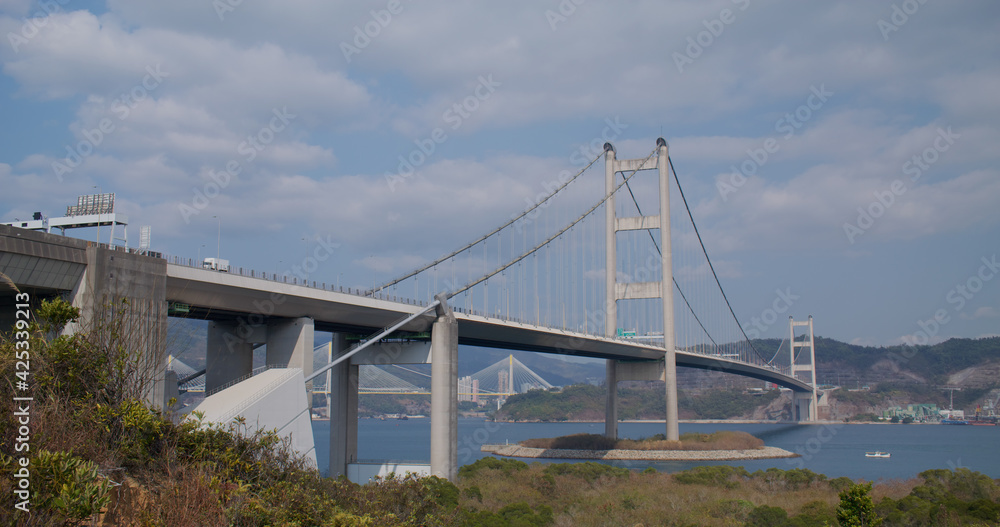 Tsing Ma Suspension bridge in Hong Kong city