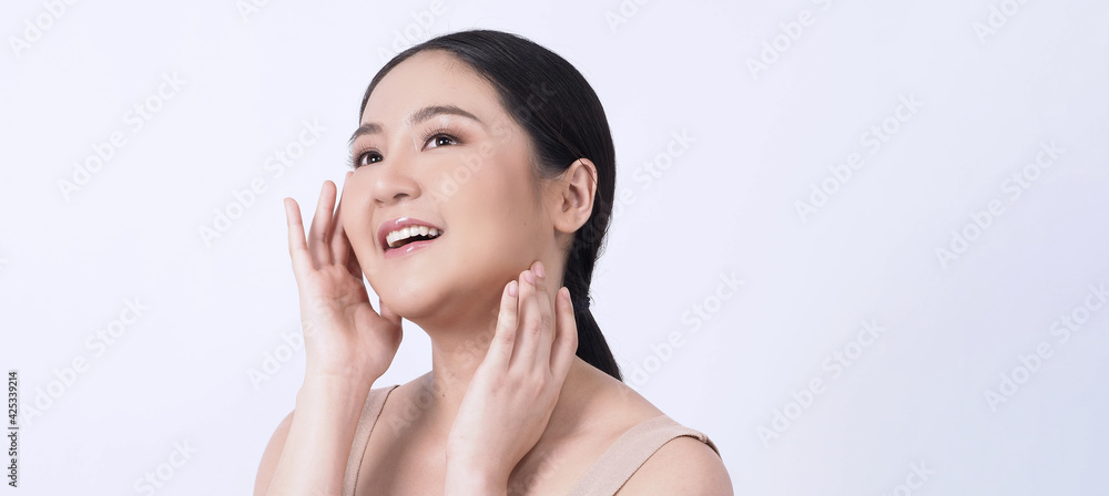 Beauty skin. makeup concept. Young pretty woman black hair and beauty face make up for skincare cosmetic. Showing delicate soft and firm and ageless facial skin. Oil type skin. Close up facial. Beauty skin. makeup concept. Young pretty woman black hair and beauty face make up for skincare cosmetic. Showing delicate soft and firm and ageless facial skin. Oil type skin. Close up facial.