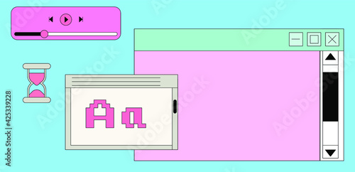 Set of retro user interface tabs and icons. Screen panels and dialog boxes of computer software.