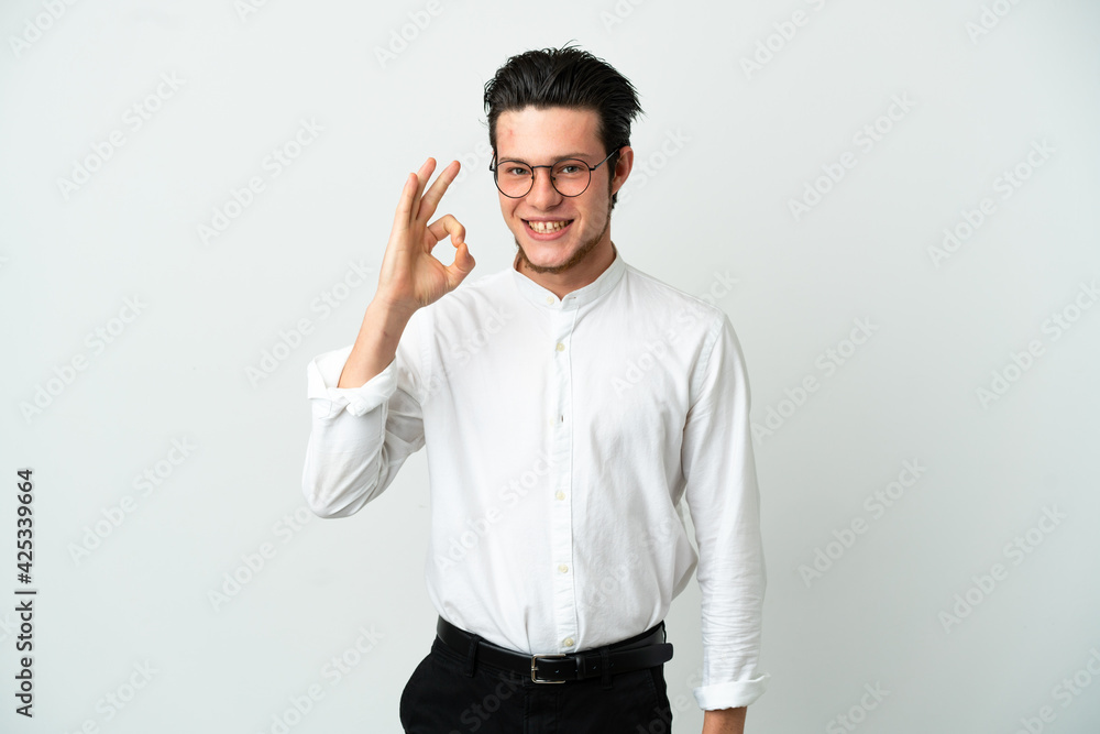 Russian Business man isolated on white background showing ok sign with fingers Russian Business man isolated on white background showing ok sign with fingers