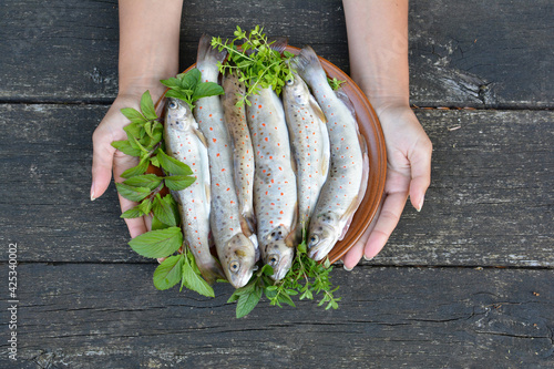 Full plate of river trout in girl's hands