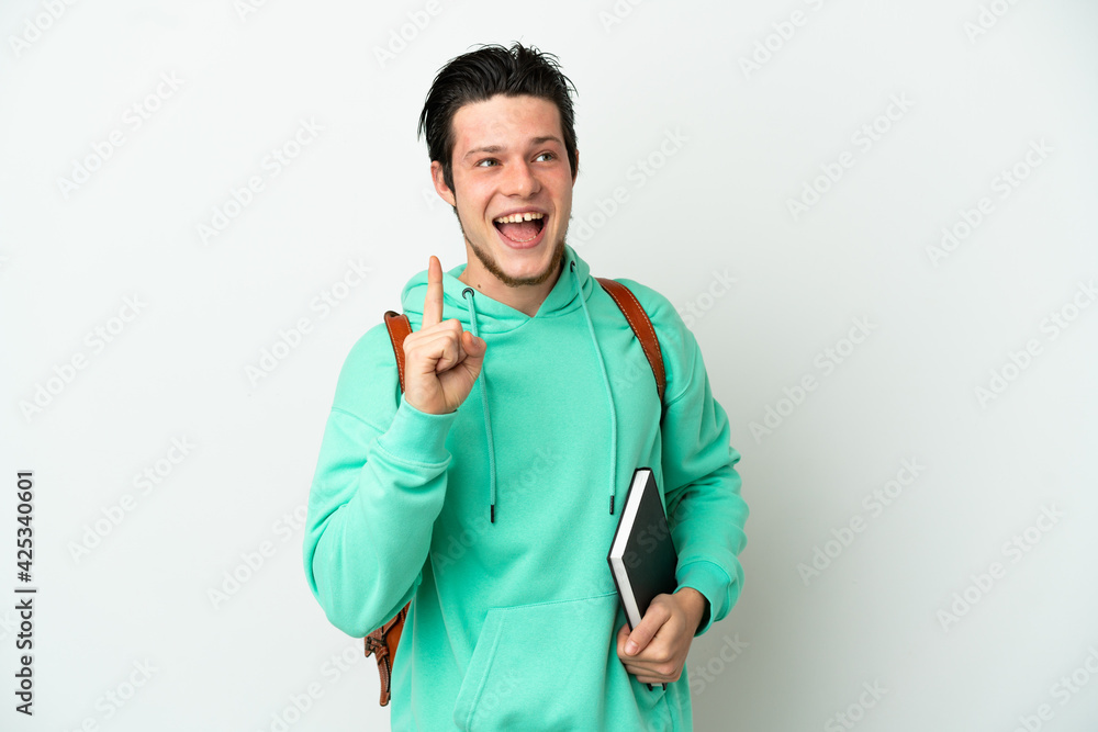 Young student man isolated on white background intending to realizes the solution while lifting a finger up Young student man isolated on white background intending to realizes the solution while lifting a finger up