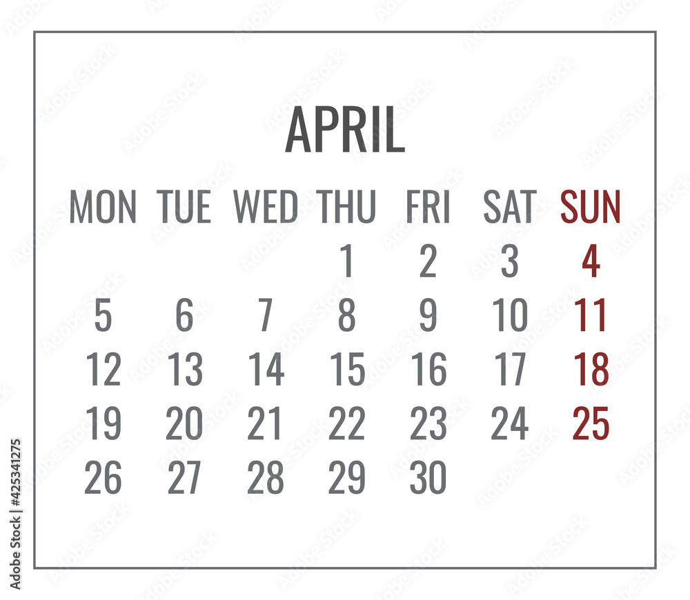 April year 2021 monthly minimalist white calendar