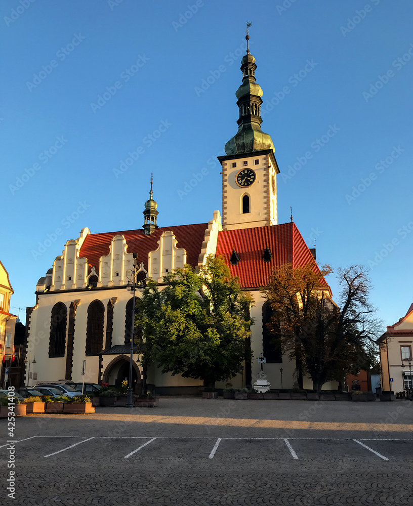 Late Gothic Church in Czech republic named Kostel Proměnění Páně na hoře Tábor with Baroque dome from 15th and 16th century on Žižka Square. 