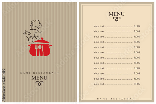 restaurant menu design with cooking process on pan and chef
