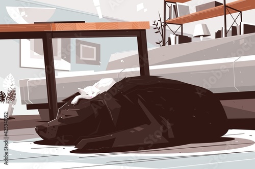Sleepy dog and cat daydreaming in living room