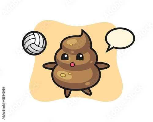 Character cartoon of poop is playing volleyball