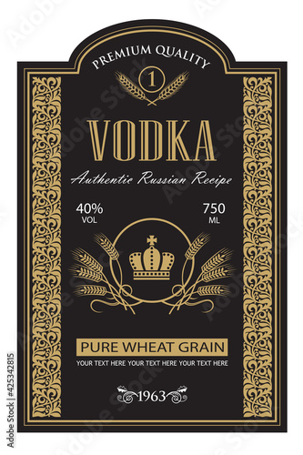 template vodka label with royal crown and ears of wheat in retro style