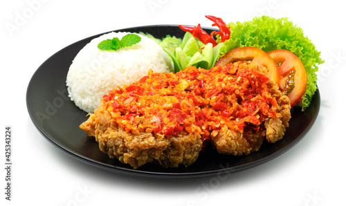 Ayam Geprek Indonesian Food crispy fried chicken with hot and spicy sambal Chili Sauce
