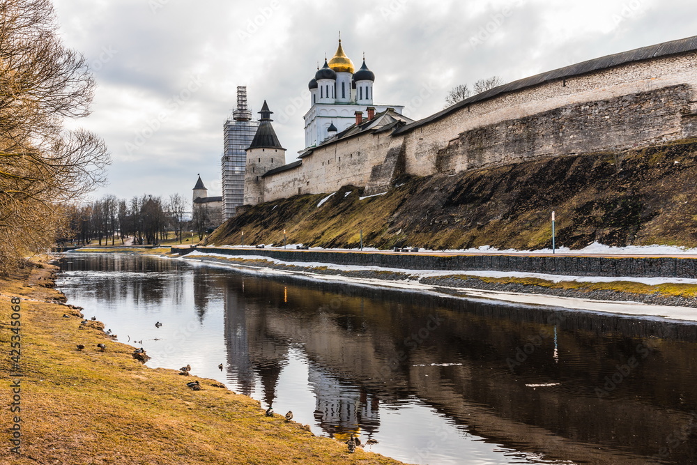Pskov Krom (Kremlin) is an architectural monument of UNESCO. Central part of the Pskov Fortress, Pskov, Russia