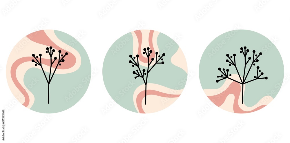 Abstract patterns with dried flowers for highlighting social media covers. Stories. Vector illustration in pastel colors for printing and decoration. Suitable for making stickers. 