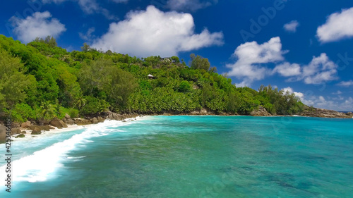 Fototapeta Naklejka Na Ścianę i Meble -  Drone viewpoint of beautiful Anse Intendance, Seychelles coastline on a sunny day