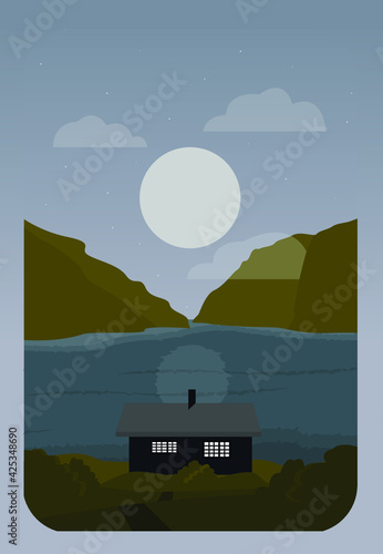 Night landscape with a full month. Vector flat illustration in calm colors. House on the holm by the lake. Design for cards, posters, backgrounds, textiles, templates, cartoons.