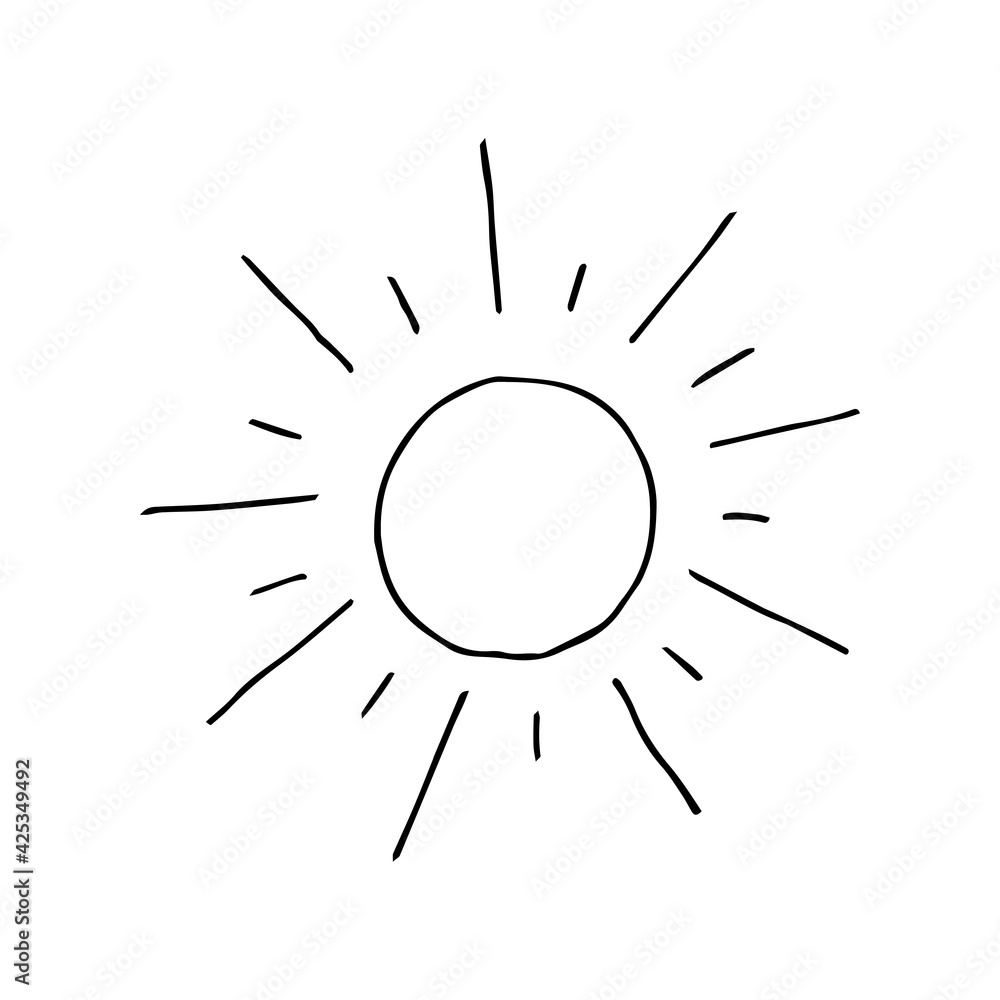 The sun. Rays. Vector. Doodle. Hand-drawn illustration. Coloring. Black and white outline. Silhouette.