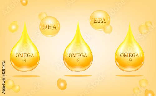 Omega 3 6 9 Oil fish vitamin drop pill capsule. Shining golden essence droplet. Beauty treatment nutrition skin care design. Vector illustration.