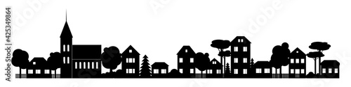 Small Town silhouette cutout skyline with chapel houses trees black and white