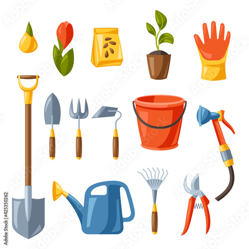 Set of garden tools and equipment. Gardening illustration.