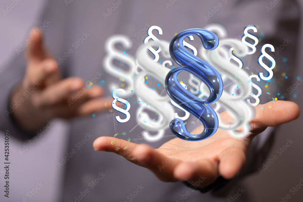 Businessman using 3D rendering digital paragraph law symbol Businessman using 3D rendering digital paragraph law symbol
