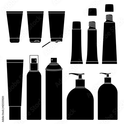 Ensemble d’objets beauté noirs et blancs - tube, flacon, bombe de laque, vaporisateur, 
