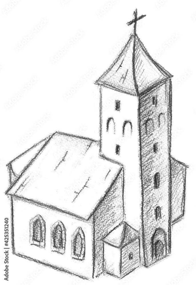 Hand pencil drawn church. Fantasy map creator.