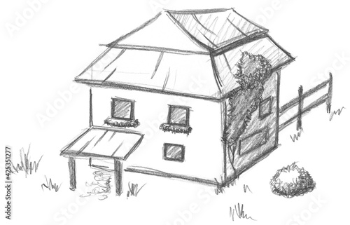 Hand pencil drawn country house. Fantasy map creator.
