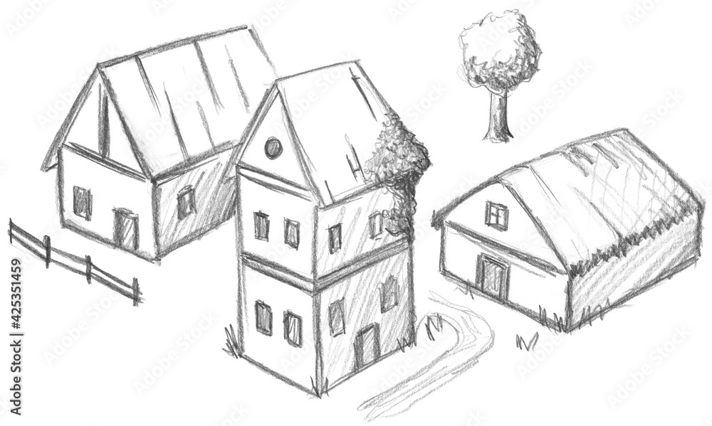 Hand pencil drawn village. Fantasy map creator.