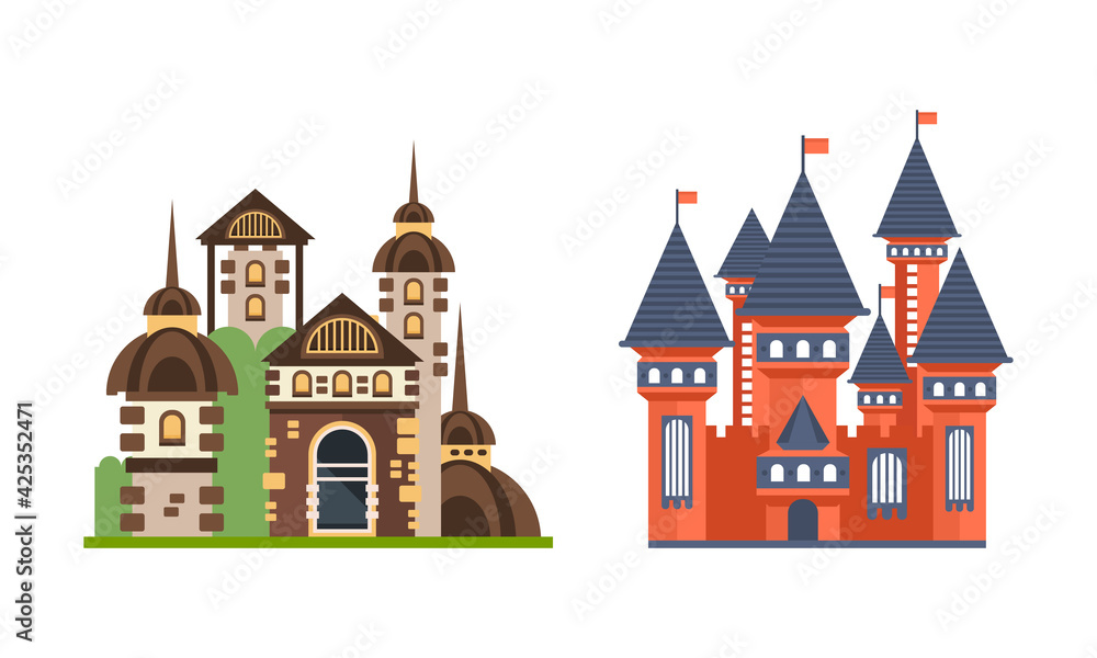 Fairytale Castle Towers Set, Medieval Mansion Facades Cartoon Vector Illustration