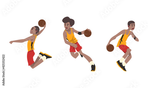 Man Playing Basketball Set, African American Male Athlete Character in Sports Uniform Playing with Ball Cartoon Vector Illustration © topvectors