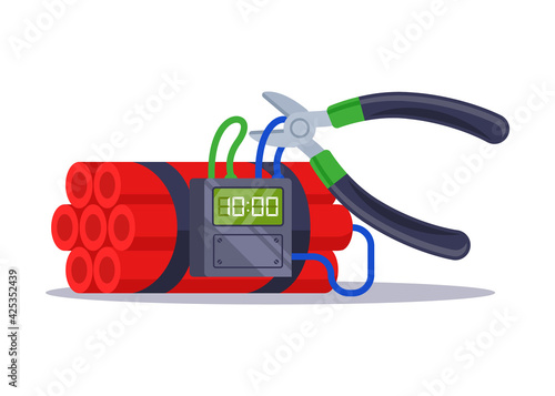 rewire the cable from the clock bean. the work of a sapper on a time bomb. flat vector illustration isolated on white background.