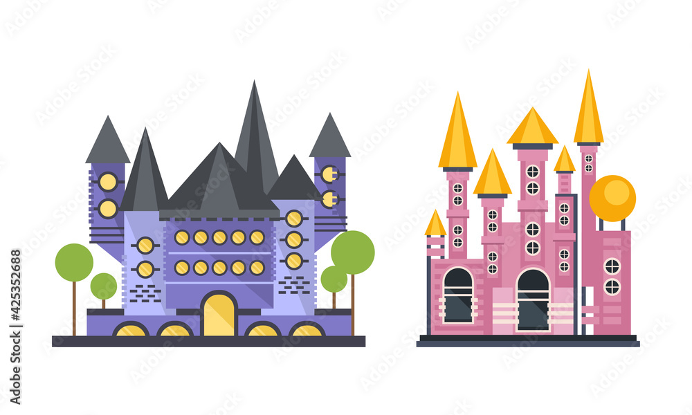 Fairytale Princess Castle Towers Set, Medieval Palace Facades Cartoon Vector Illustration