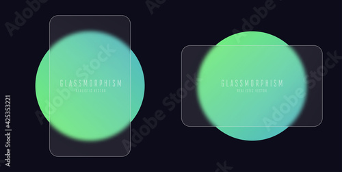 Glassmorphism effect with set of transparent glass plates on green gradient circles. Frosted acrylic or matte plexiglass plates in rectangle shape. Realistic glass morphism. Vector illustration.