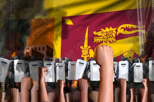 disorder stopping concept - protest in Sri Lanka on flag background, police officers stand against the protesting crowd - military 3D Illustration
