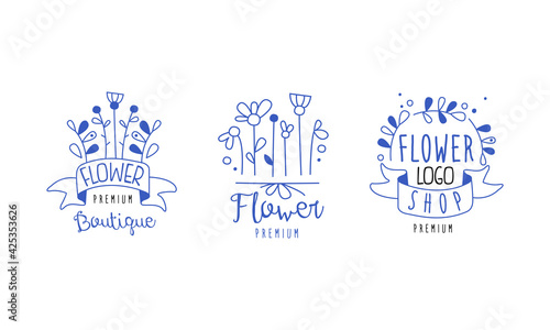 Flower Boutique Premium Logo Design Set, Floral Designer Shop Blue Hand Drawn Badges Vector Illustration