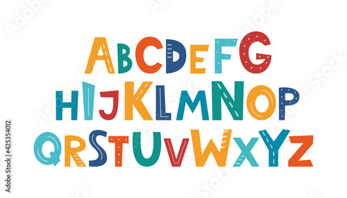 Cute hand drawn childish alphabet. Hand drawn ABC for poster, logo, greeting card, banner, children's room decor. Set of handdrawn letters, vector.