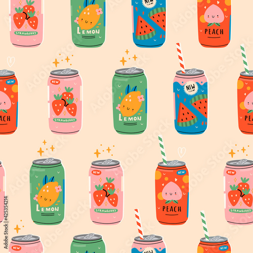 Various tasty Sodas. Soft Drinks in aluminum Cans. Carbonated water with fruit flavor. Asian, Japanese Kawaii style. Hand drawn colorful Vector illustration. Square Seamless Pattern 