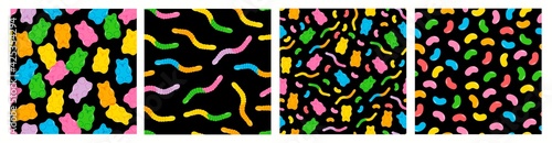 Colorful Fruity and tasty Sweets and Candies. Various Gummy and Jelly Worms, Beans, Bears. Hand drawn Vector Trendy illustration. Cartoon style. Set of three Seamless Patterns. Backgrounds, Wallpaper.