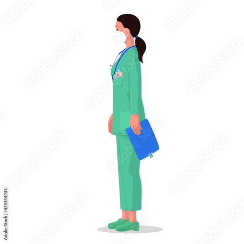 Vector illustration of a female doctor with protective mask. Professional doctor. Hospital worker.